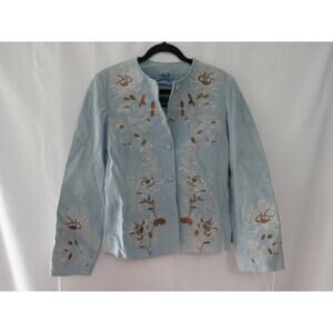Bernardo Genuine Suede Jacket Sz M Light Blue Floral Embroidered Boho Chic